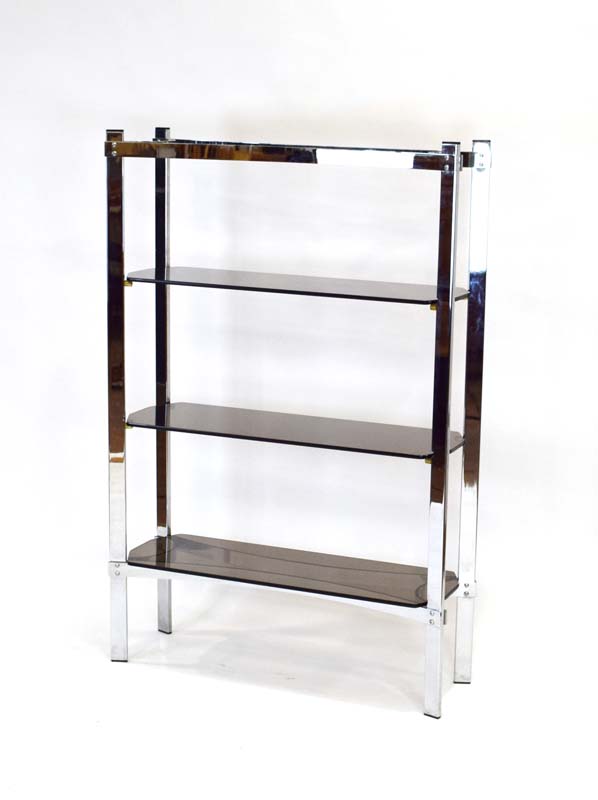 A 1970's Merrow Associates chrome three-tier shelving unit with smoked glass shelves - Image 3 of 7