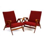 Frantisek Jirak for Tatra Nabytok, a pair of 'No 24-23' Czech armchairs with red upholstery,