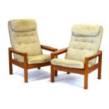 A pair of 1970/80's Domino Mobler high and lowback armchairs with teak frames and tweed upholstery,