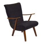 A 1960's walnut framed and charcoal button upholstered cocktail armchair