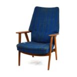 A 1960's teak armchair with blue striped button upholstery