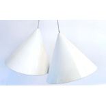 A pair of white enamelled pendant ceiling lights CONDITION REPORT: Working order