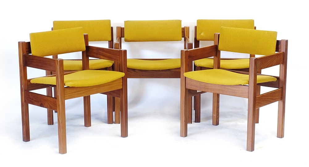 A set of five 1960/70's teak and mustard upholstered chairs, including three armchairs,