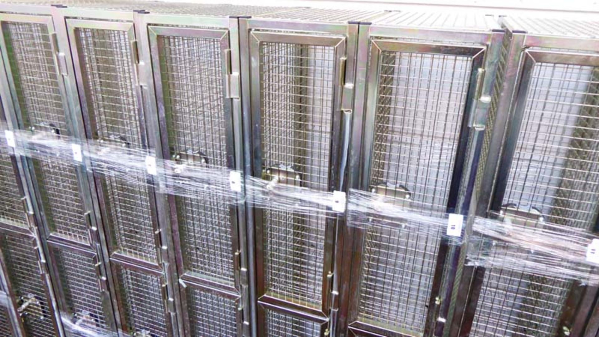 Heavy duty 2 compartment personnel locker, metal framed and caged, with coin operated key locks,