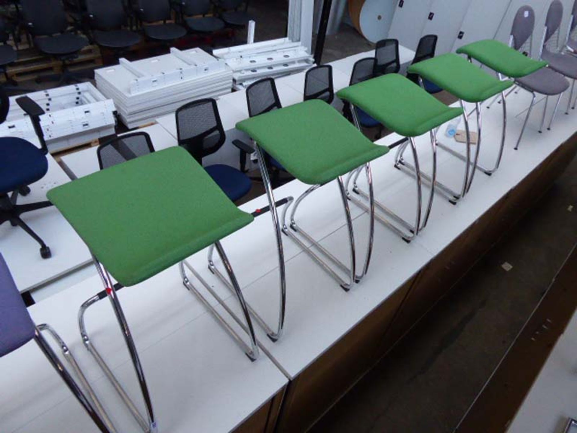 A set of 5 Orange Box green cloth chrome framed cantilever stools
