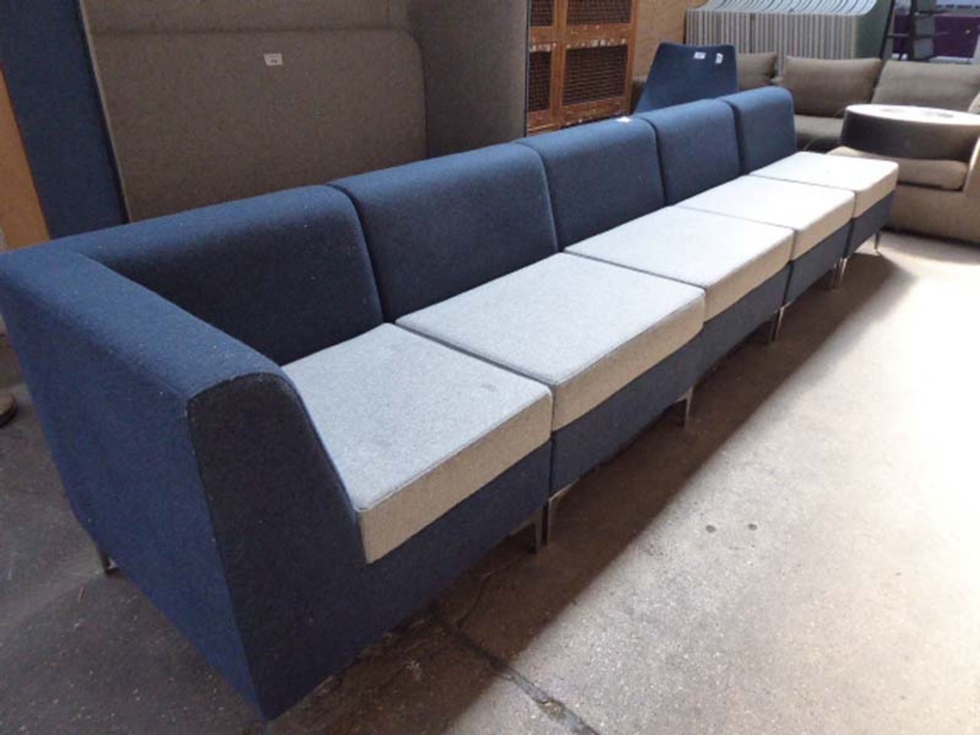 Moventi 5 piece modular blue and grey felt cloth reception suite on chrome legs 300cm long