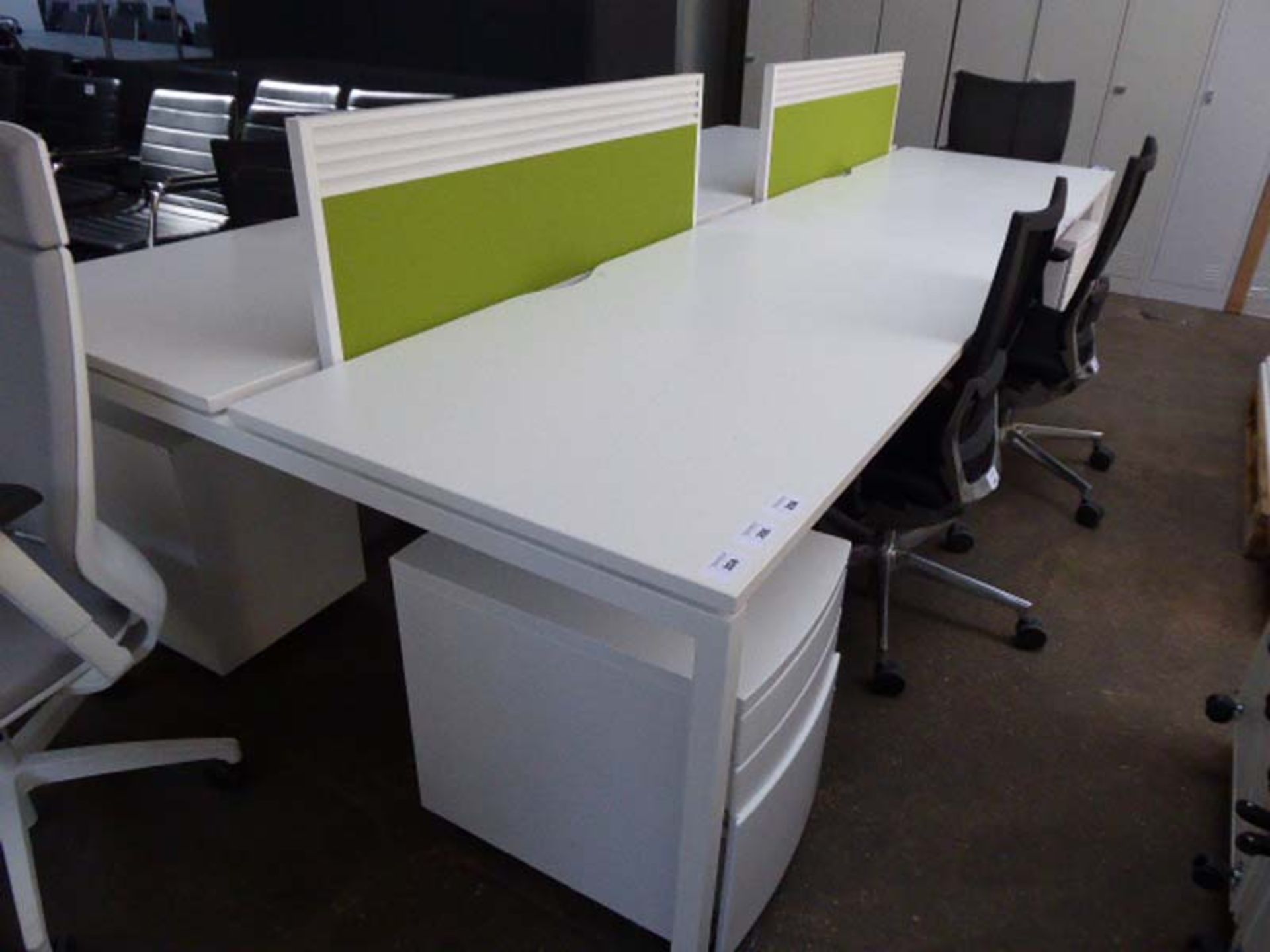 320cm by 165cm 4 person work station with white surface, white powder coated straight legs and green