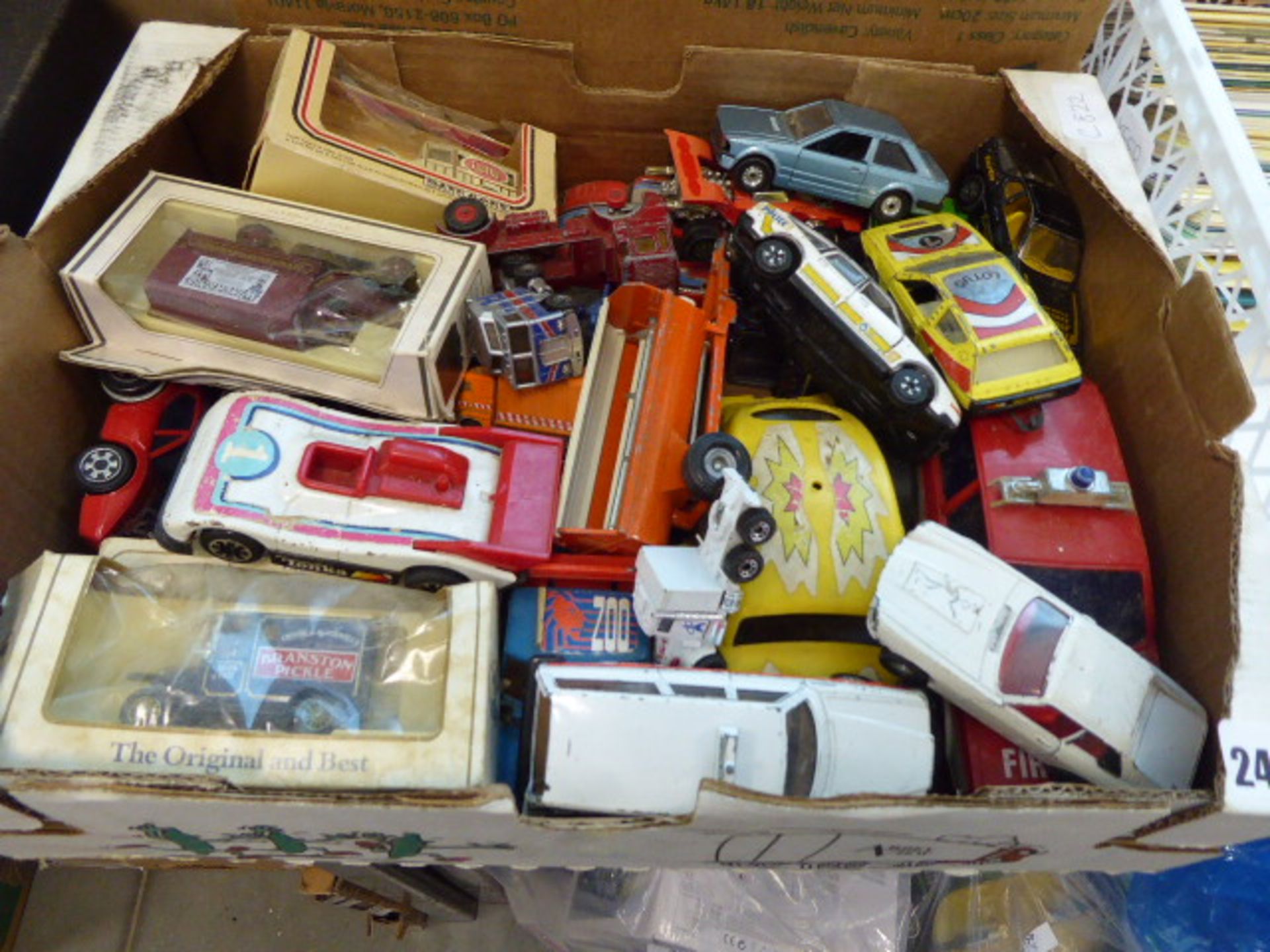 Cardboard tray of various die cast vehicles to include Days Gone By and other children's toy cars