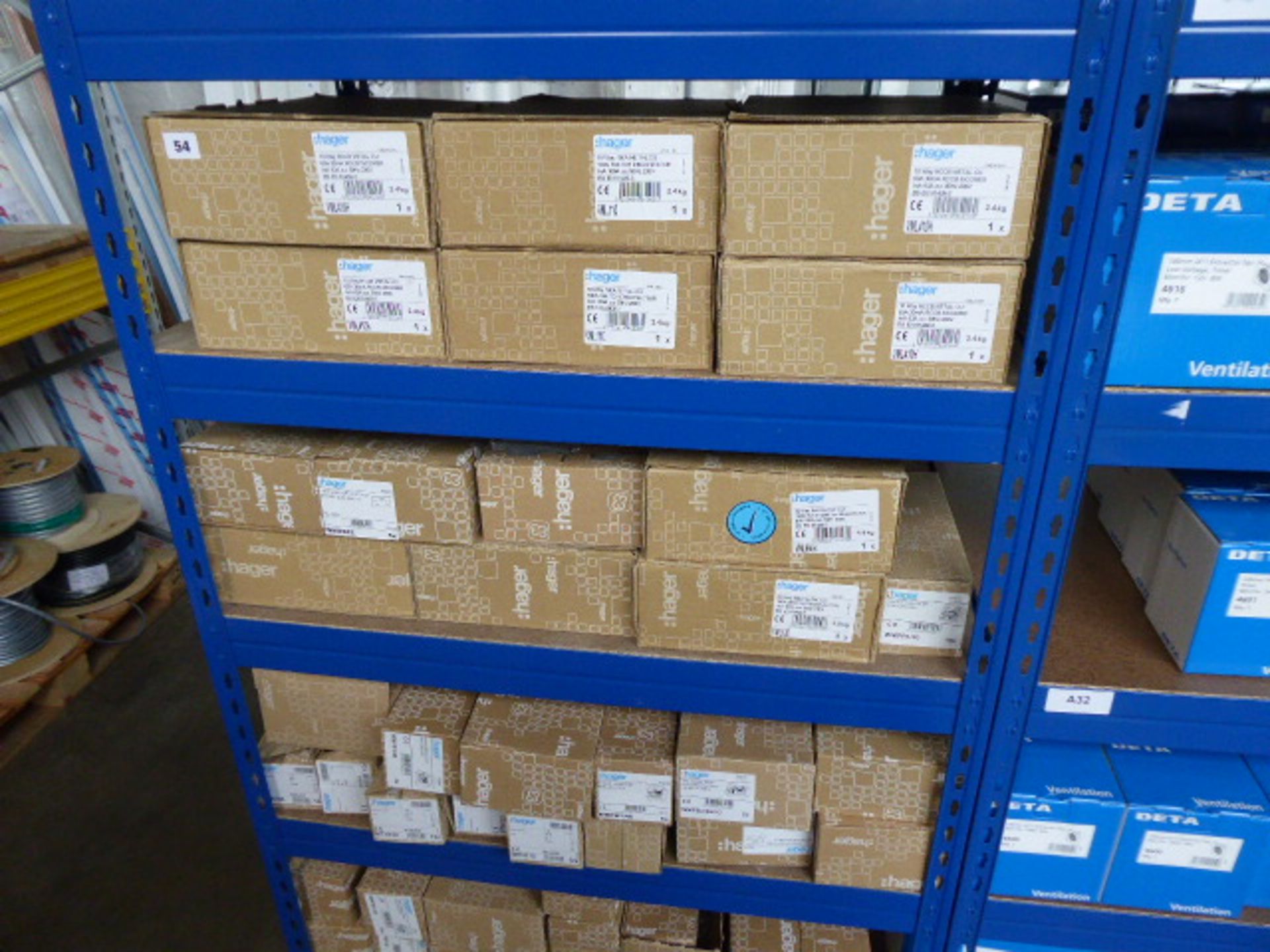 Approximately 62 boxes of Hager electrical components including switch disconnectors, RCCB incomers,