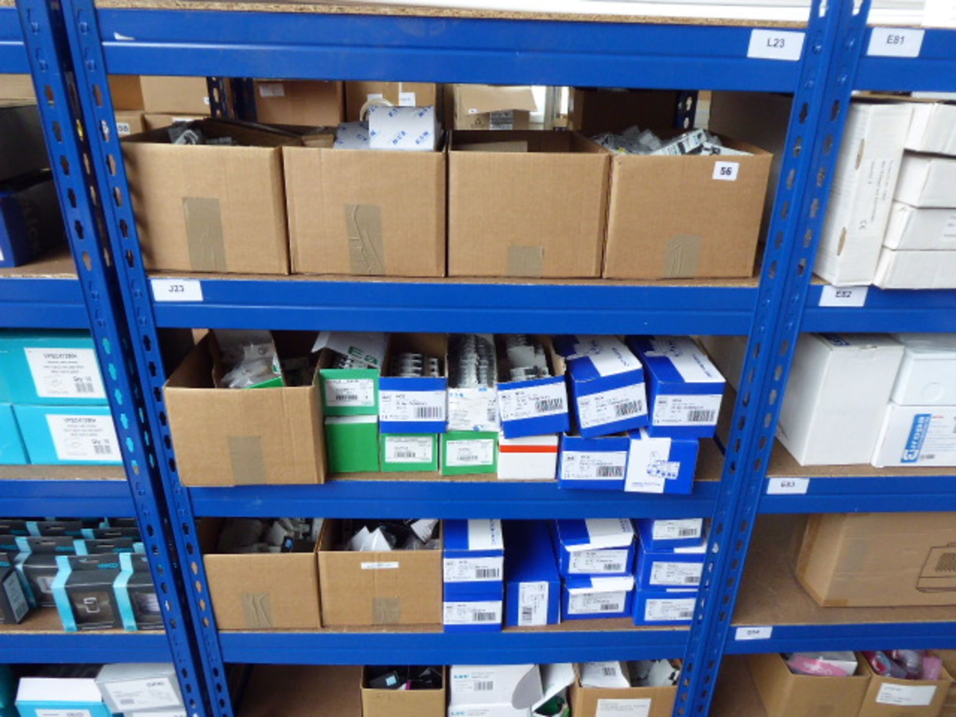 Approximately 40 boxes of LVE, BG, Eaton, and other electrical components including MCBs,