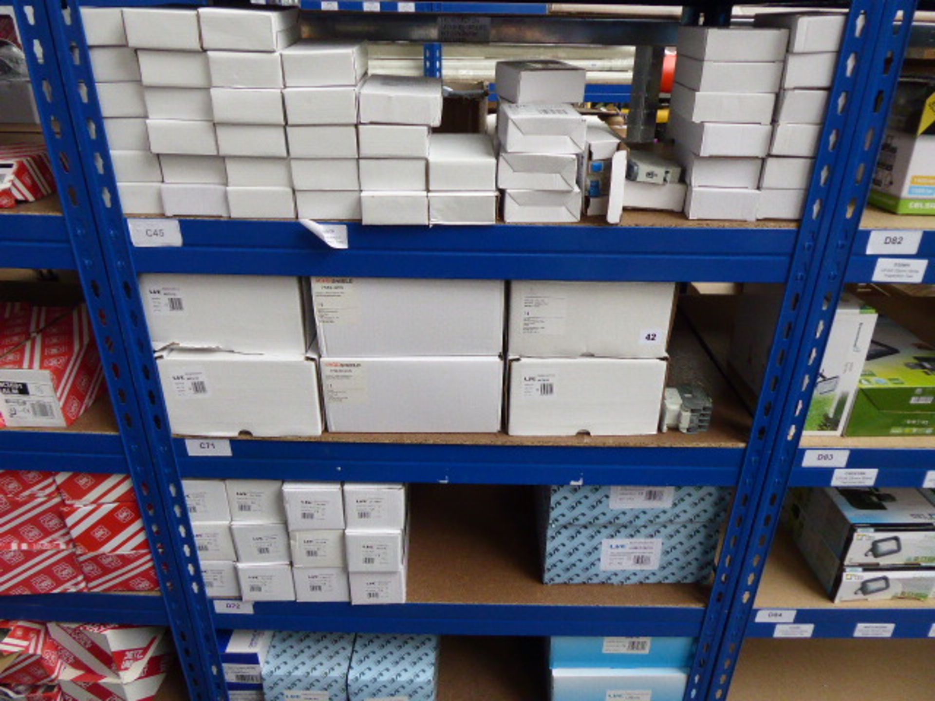 Approximately 83 various sized boxes of LVE circuit breakers, consumer units, isolator switches,