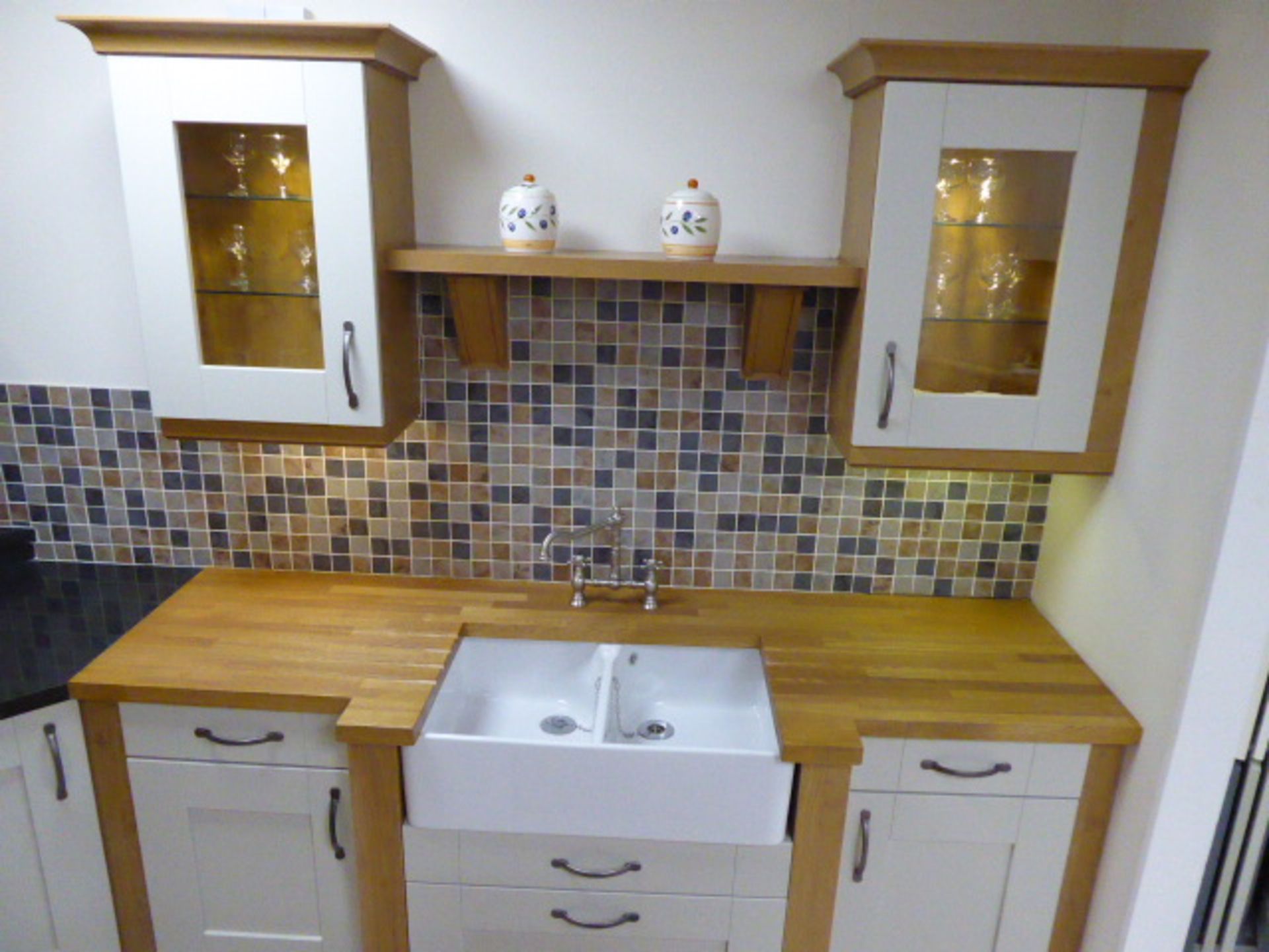 Milbourne almond and Shaker Winchester oak kitchen with stone effect laminate, oak block and granite - Image 5 of 15