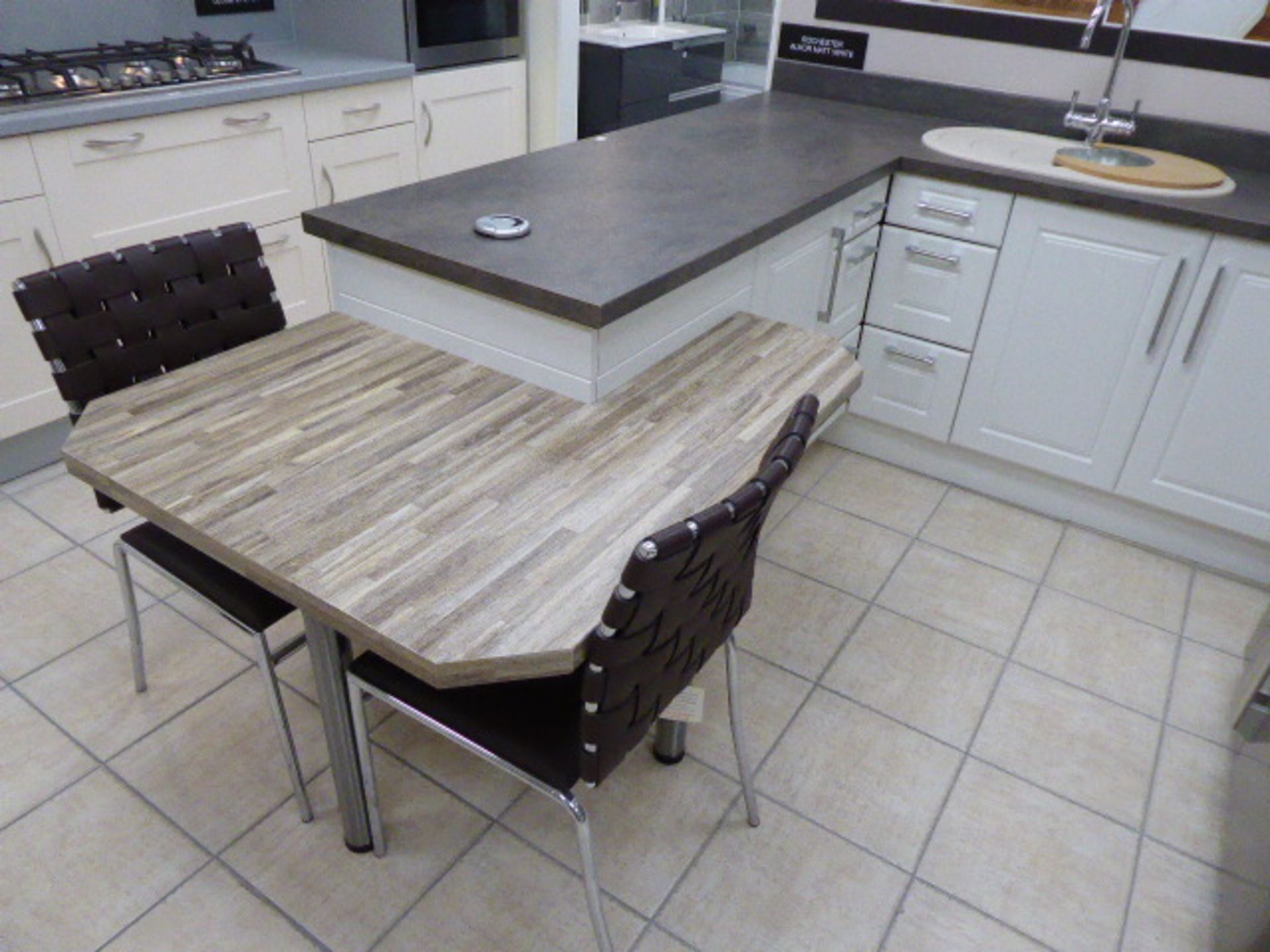 Rochester Alkor matte white kitchen with sand stone effect laminate worktops and block wood effect - Image 6 of 7