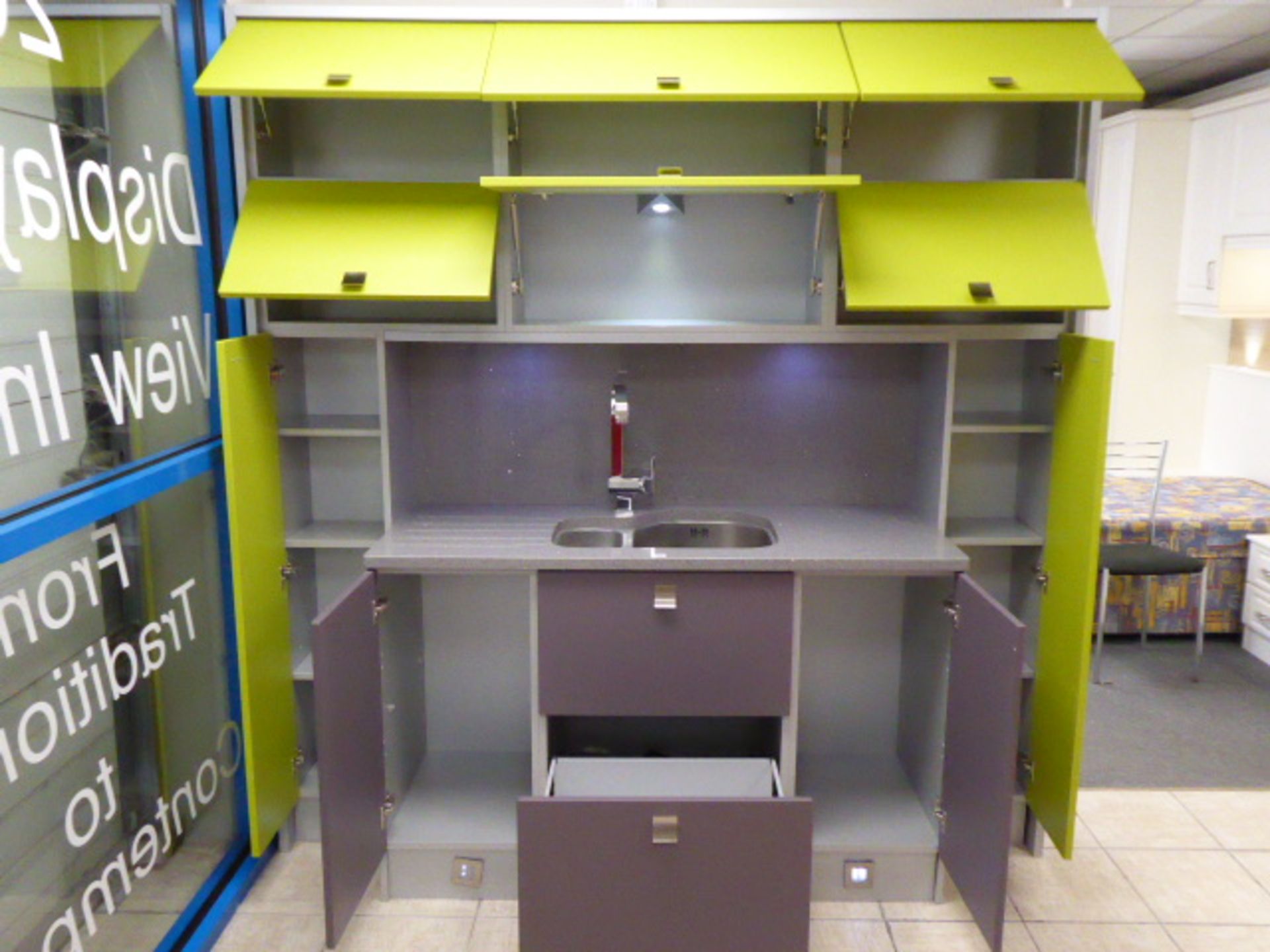 Small Alto textured lime and mulberry part kitchen with quartz worktops. With a stainless steel 1 - Image 3 of 4