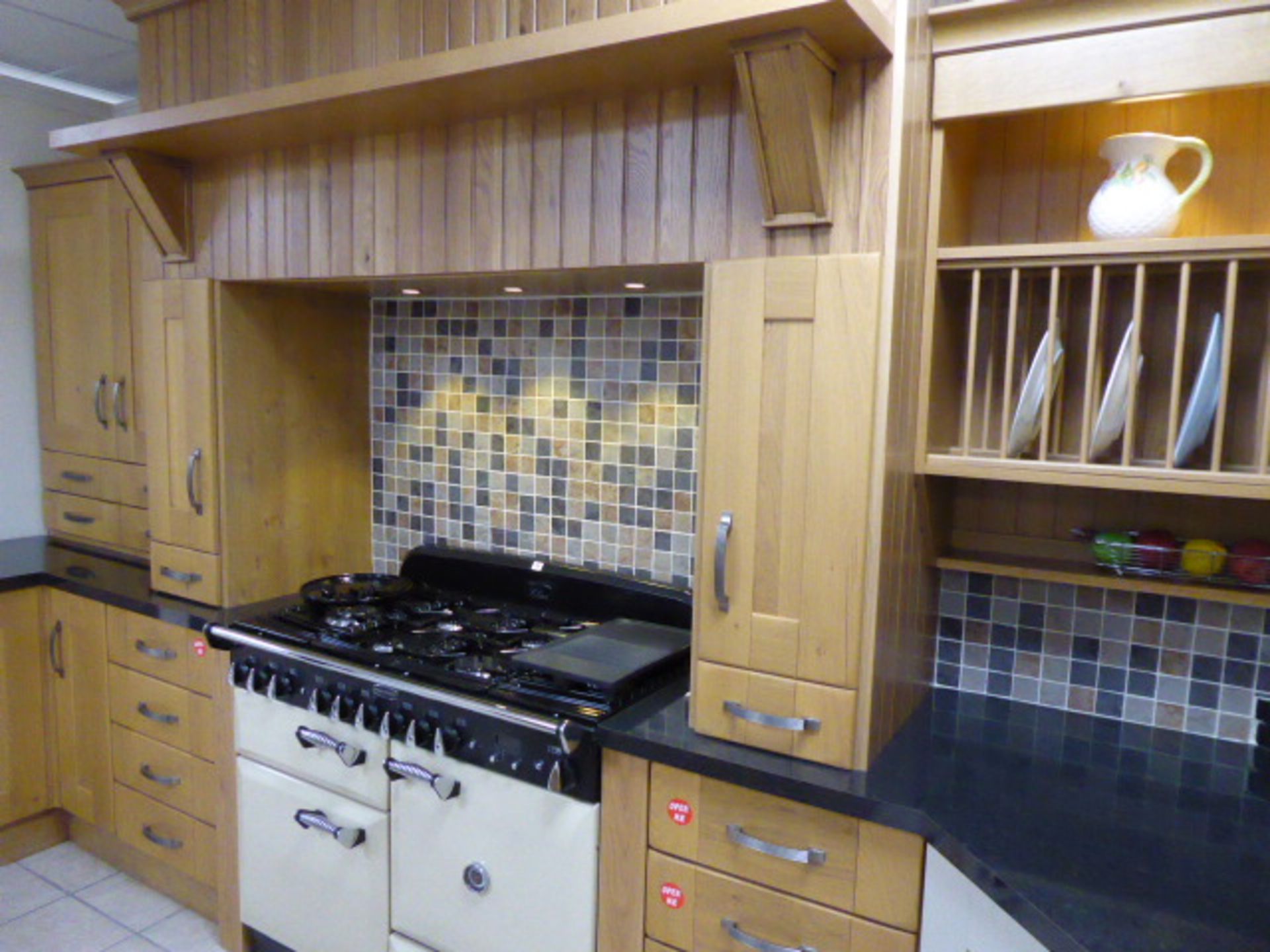 Milbourne almond and Shaker Winchester oak kitchen with stone effect laminate, oak block and granite - Image 10 of 15