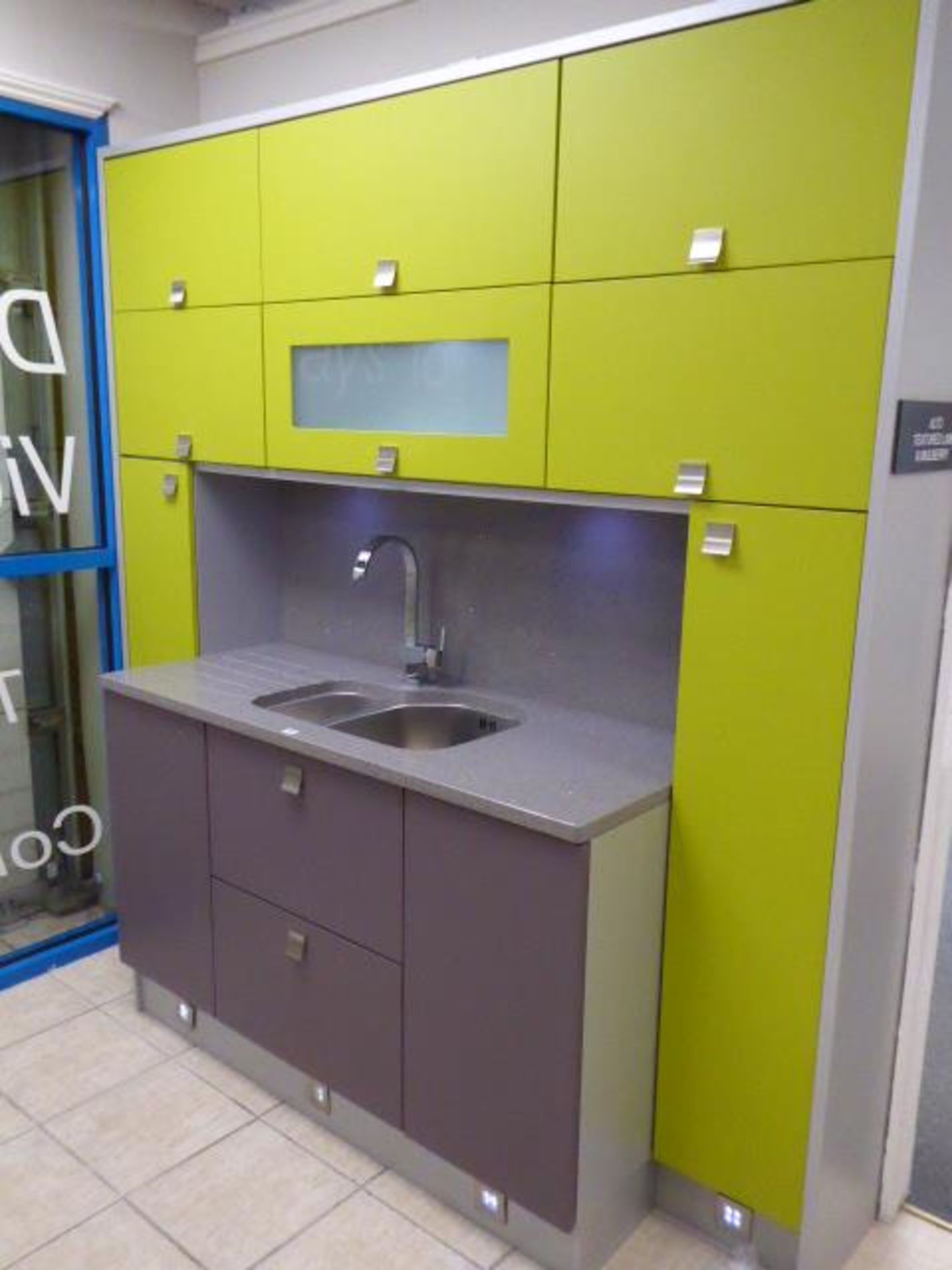 Small Alto textured lime and mulberry part kitchen with quartz worktops. With a stainless steel 1 - Image 2 of 4