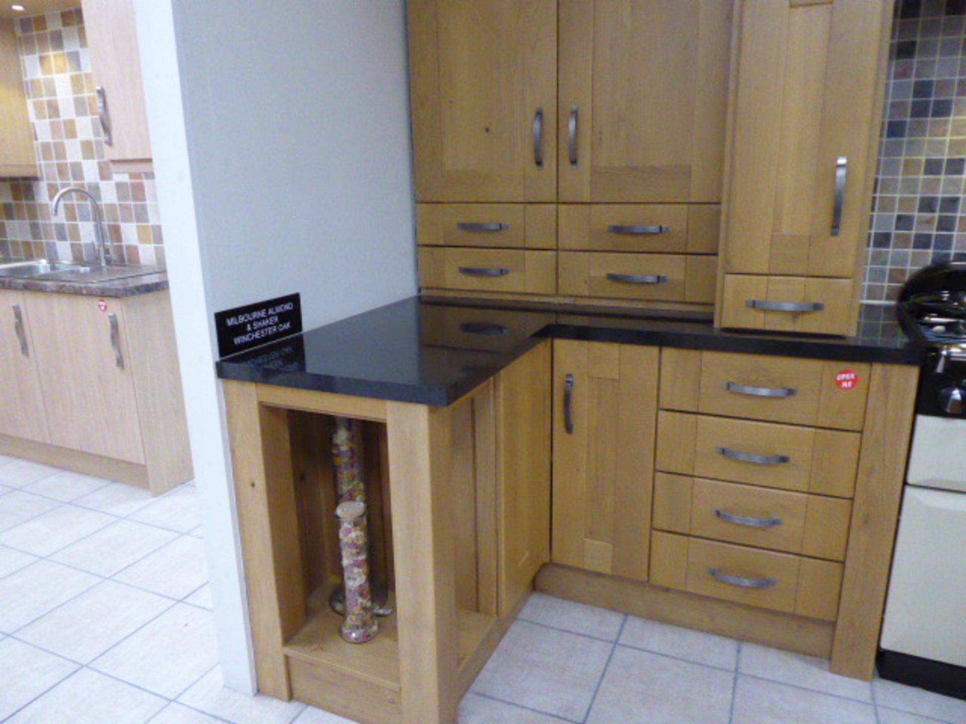 Milbourne almond and Shaker Winchester oak kitchen with stone effect laminate, oak block and granite - Image 14 of 15