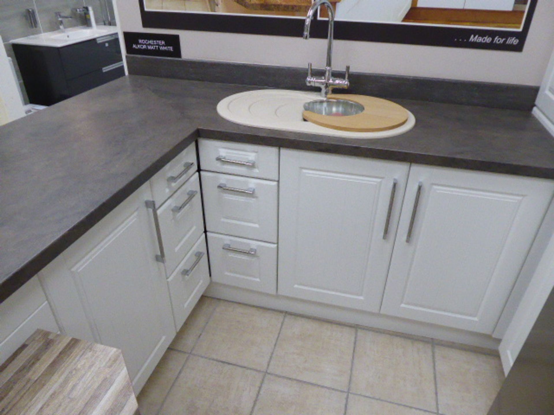 Rochester Alkor matte white kitchen with sand stone effect laminate worktops and block wood effect - Image 4 of 7