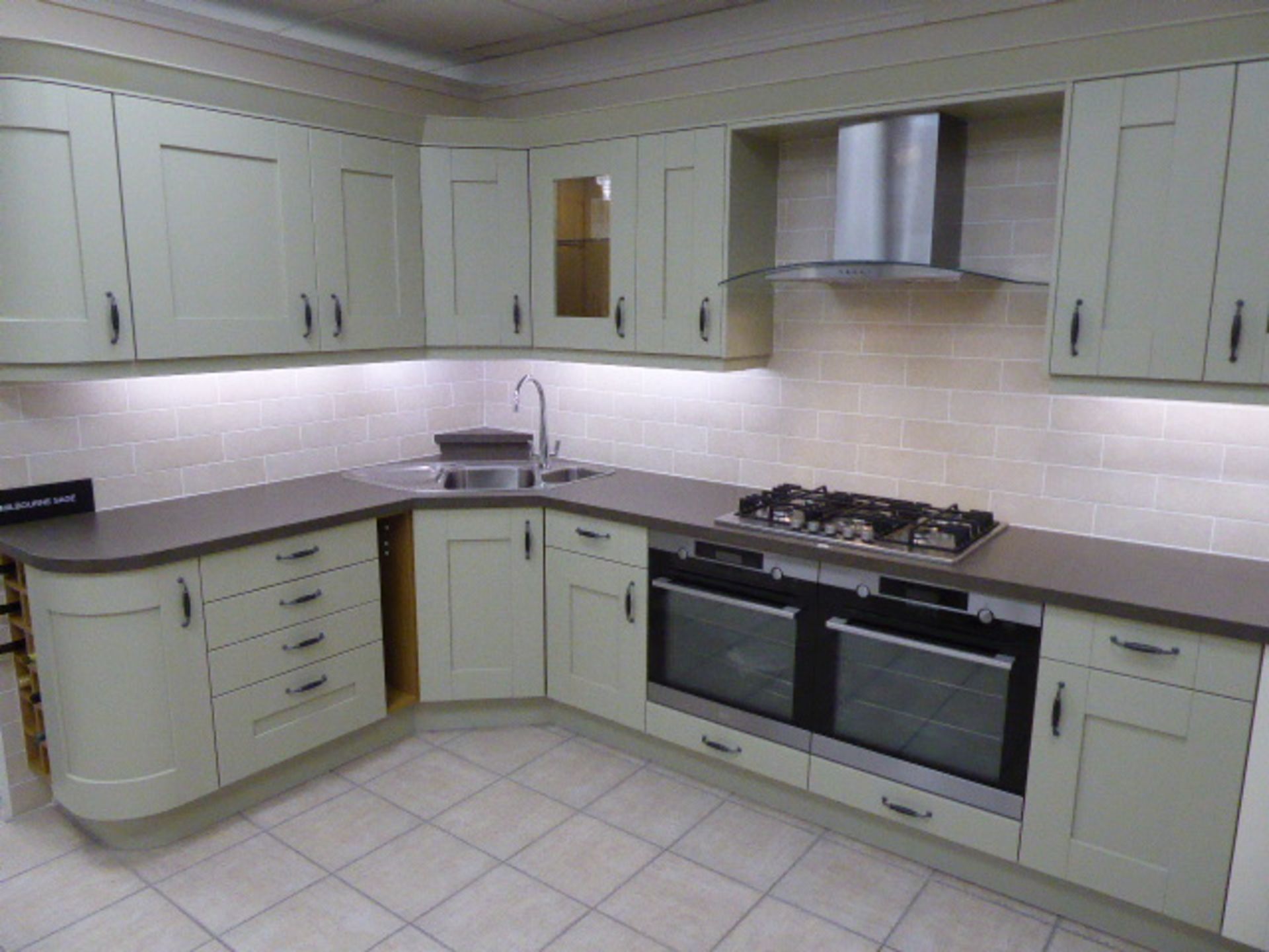Coleridge and Milbourne sage kitchen with sand stone effect laminate worktops. Max measurement is - Image 2 of 14