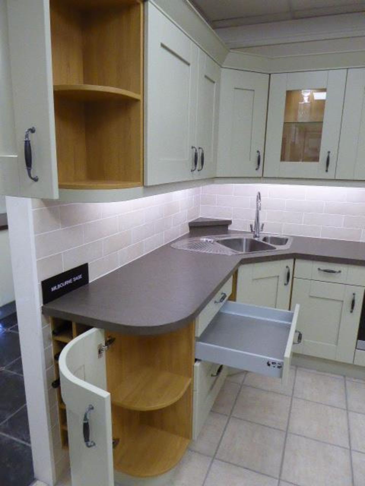 Coleridge and Milbourne sage kitchen with sand stone effect laminate worktops. Max measurement is - Image 14 of 14