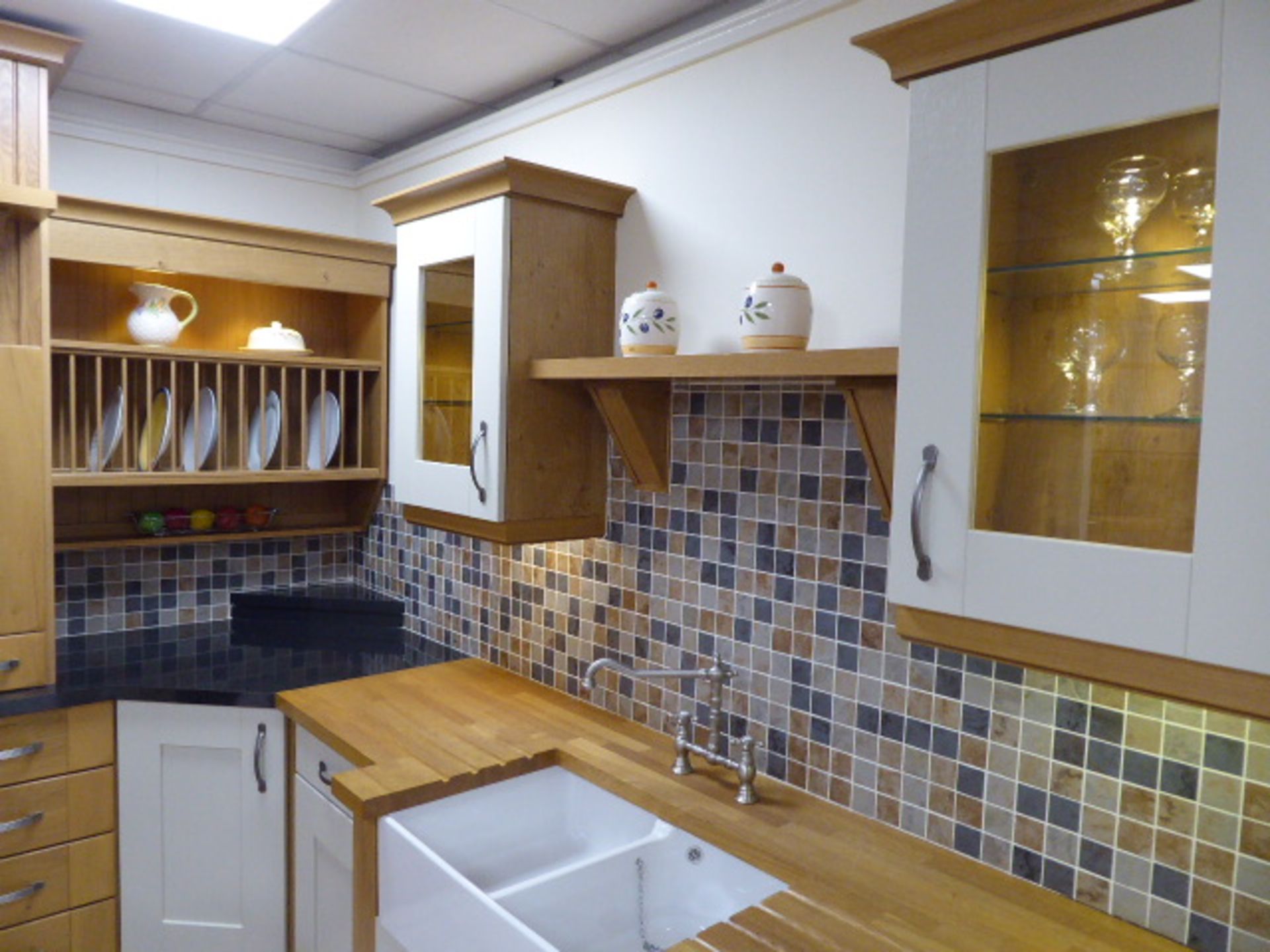 Milbourne almond and Shaker Winchester oak kitchen with stone effect laminate, oak block and granite - Image 11 of 15