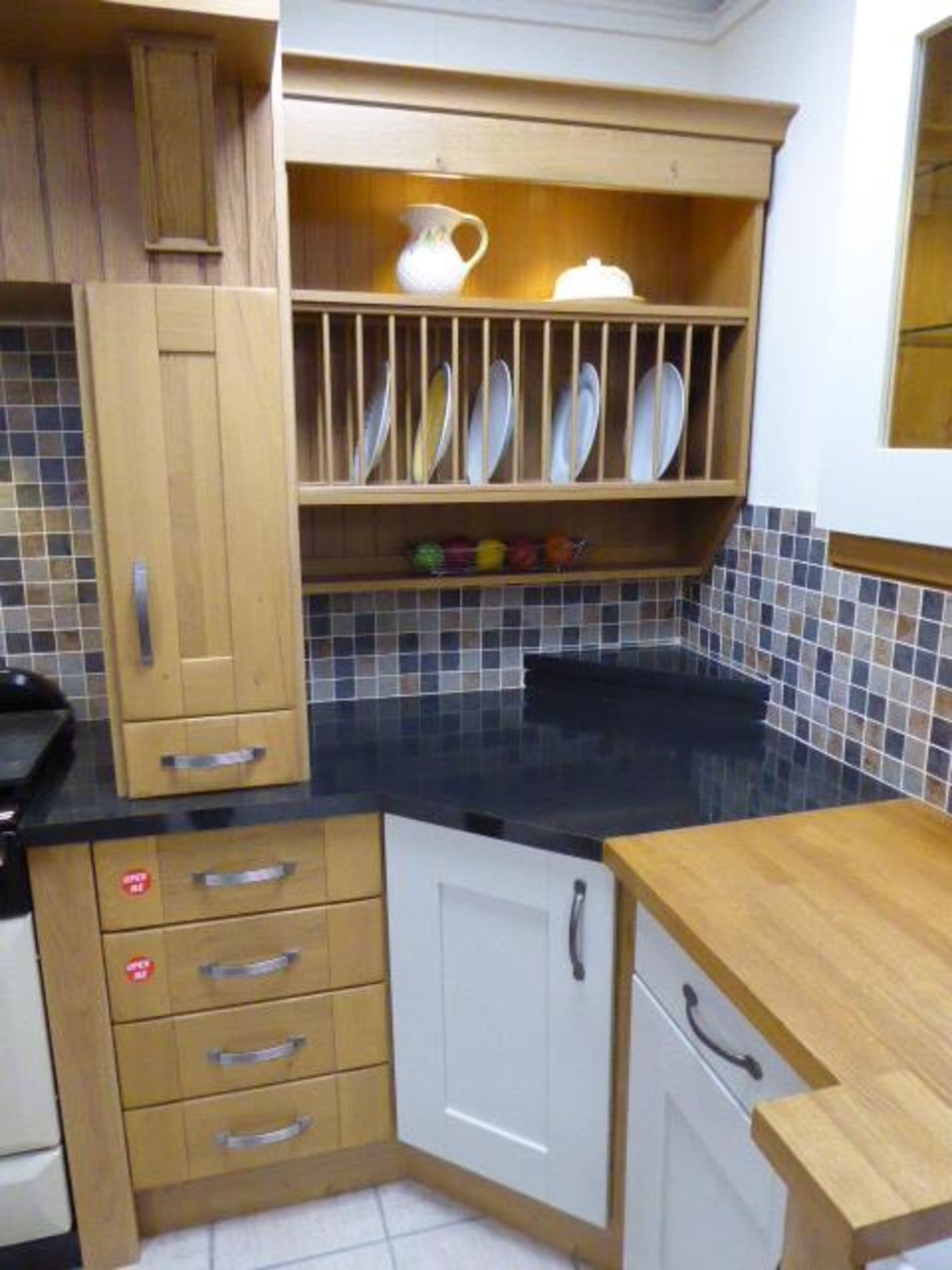 Milbourne almond and Shaker Winchester oak kitchen with stone effect laminate, oak block and granite - Image 13 of 15