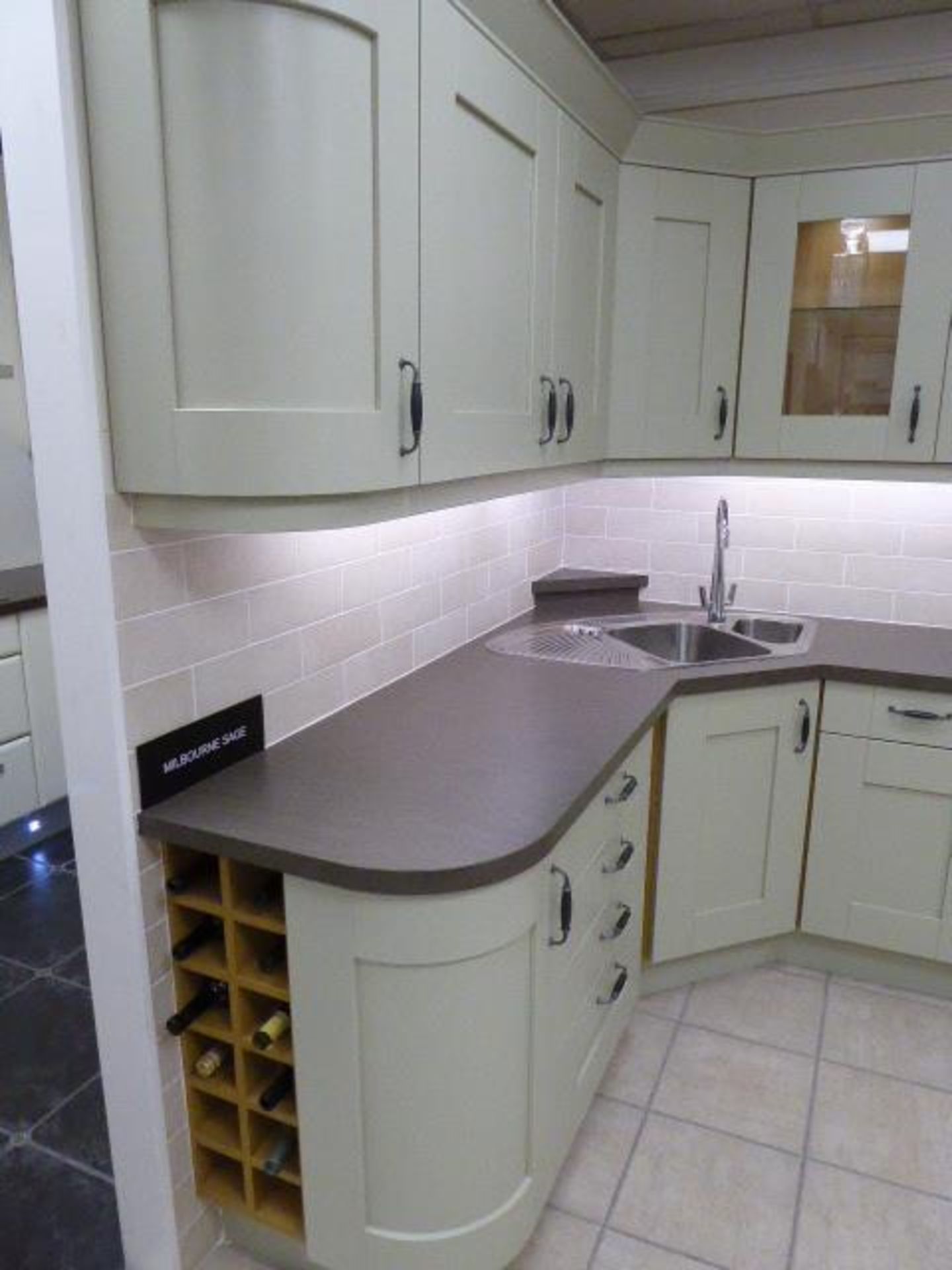 Coleridge and Milbourne sage kitchen with sand stone effect laminate worktops. Max measurement is - Image 13 of 14