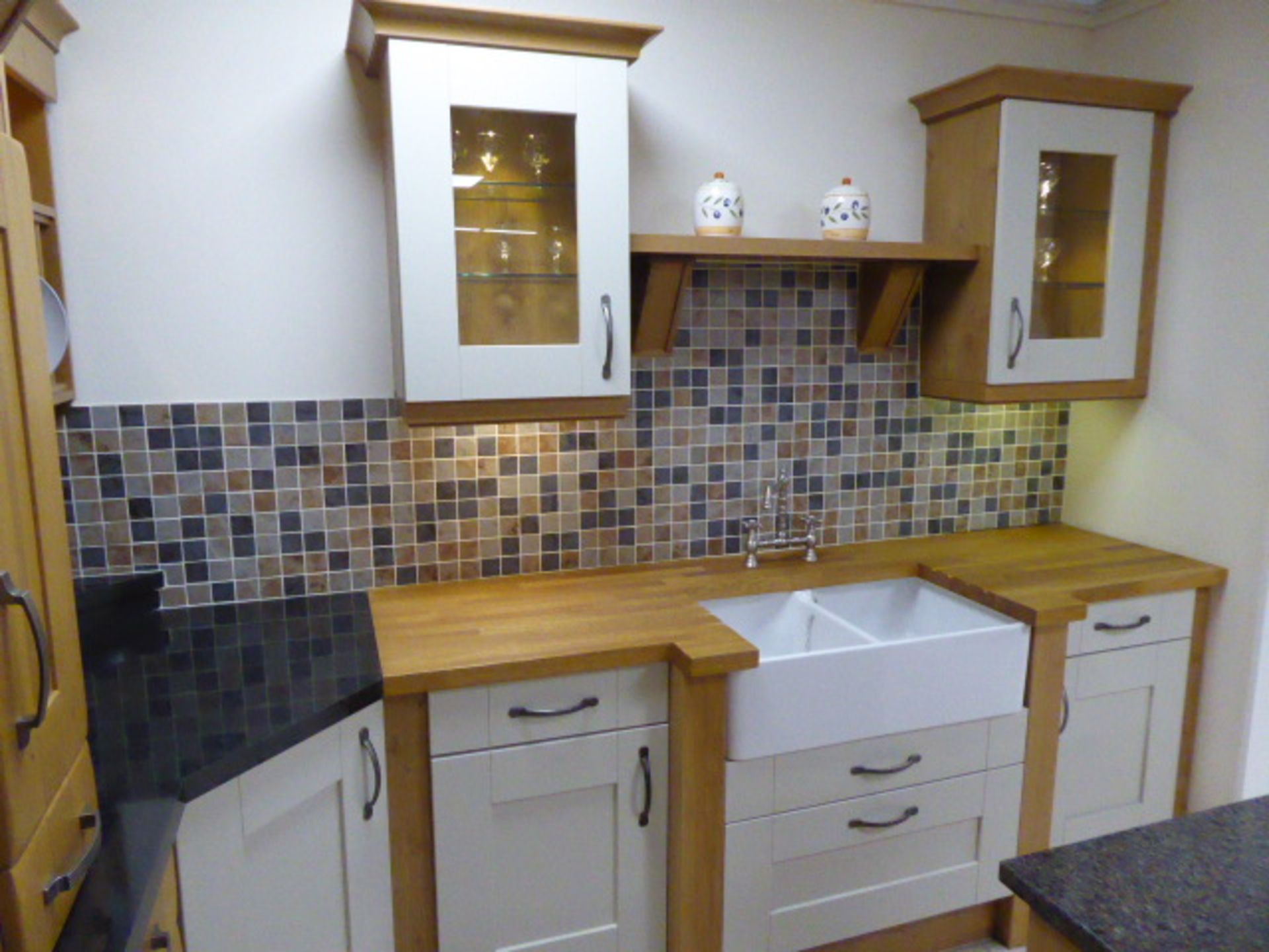 Milbourne almond and Shaker Winchester oak kitchen with stone effect laminate, oak block and granite - Image 9 of 15