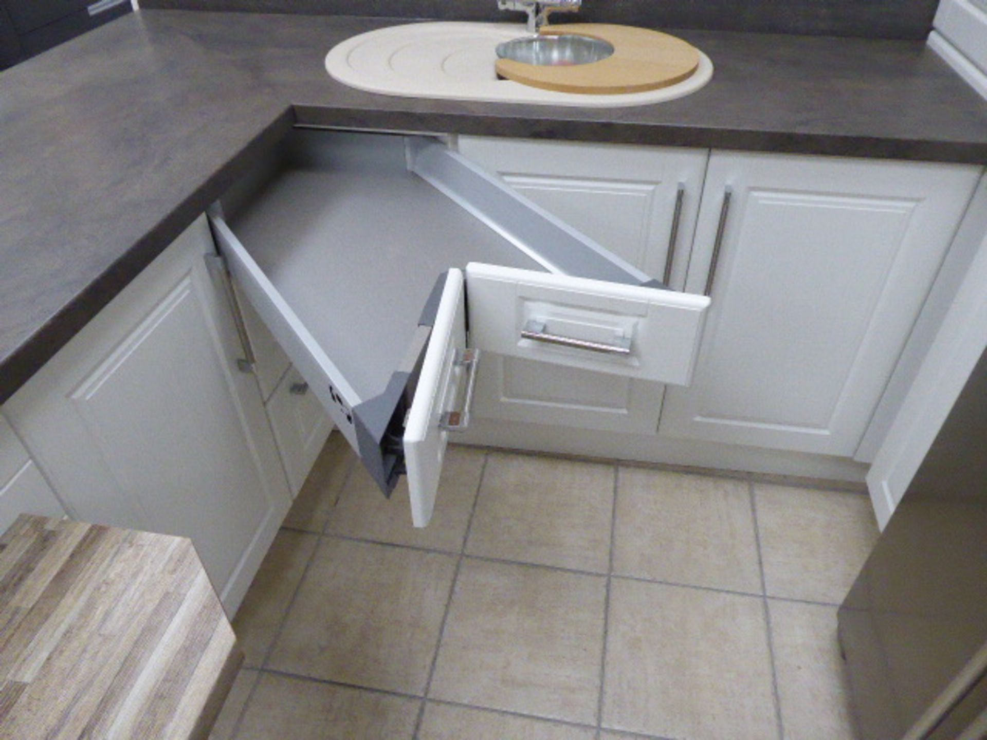 Rochester Alkor matte white kitchen with sand stone effect laminate worktops and block wood effect - Image 3 of 7