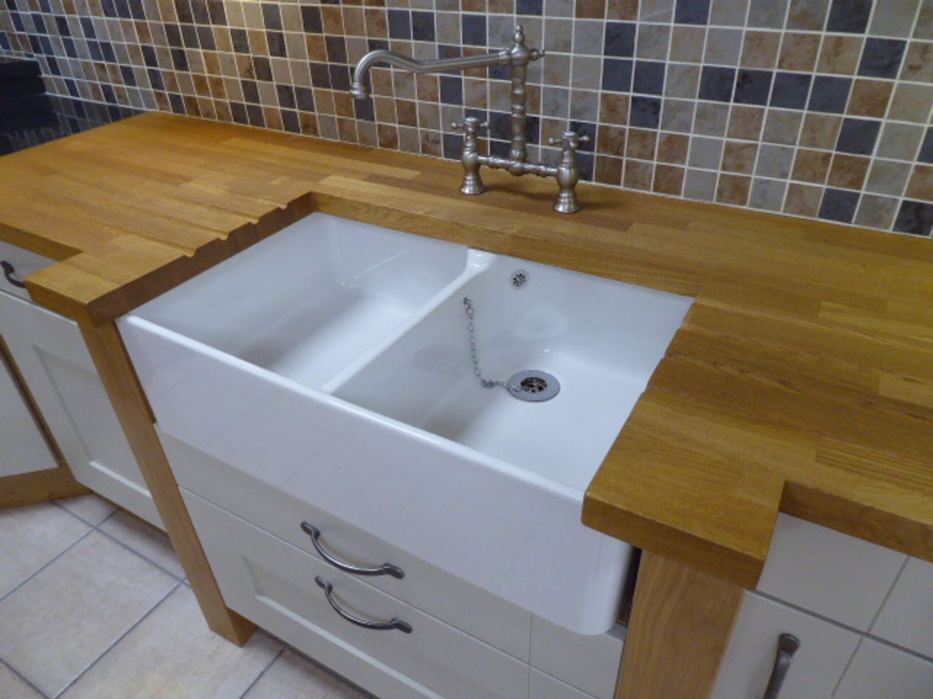 Milbourne almond and Shaker Winchester oak kitchen with stone effect laminate, oak block and granite - Image 12 of 15