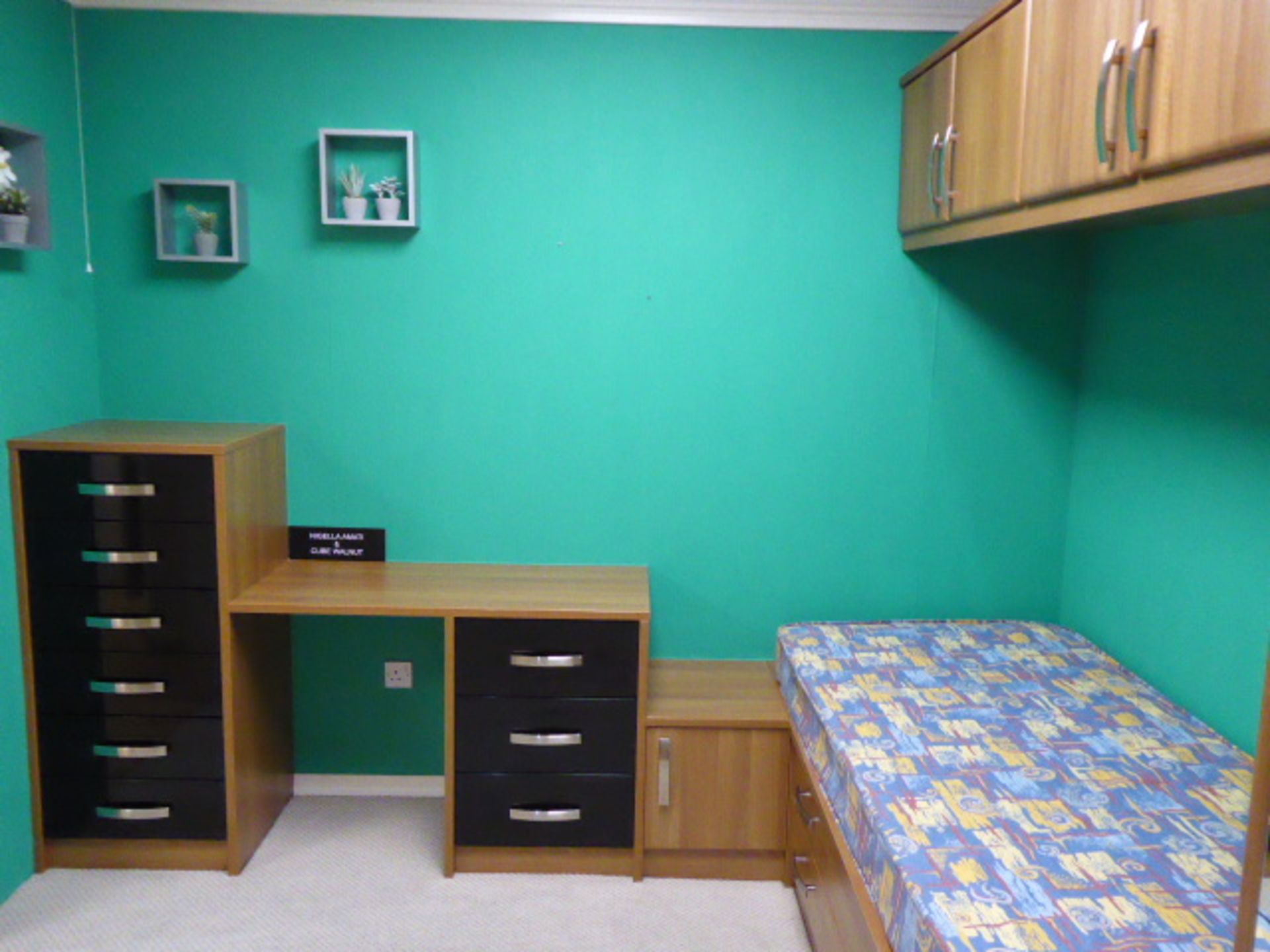 Nigella Amati and Cube walnut fitted effect bedroom suite with 300cm over bed wall unit and double - Image 3 of 3