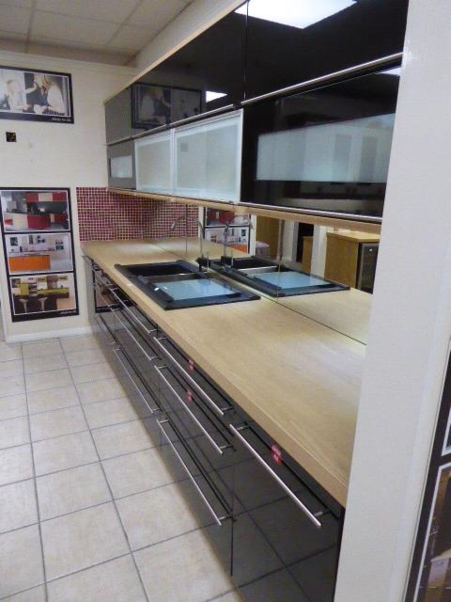 Alto gloss black galley kitchen measuring 370cm long with light oak wood laminate worktops. With a 1 - Image 3 of 12