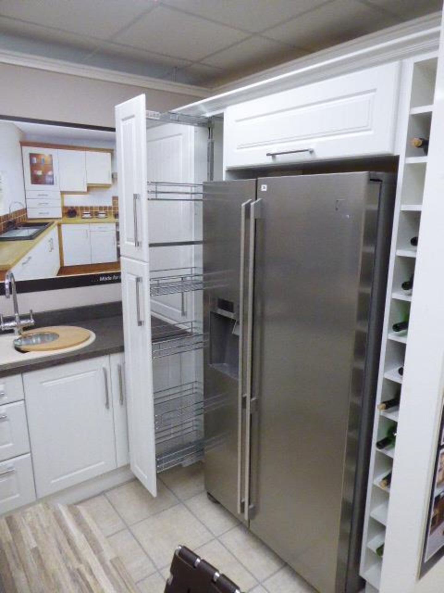 Rochester Alkor matte white kitchen with sand stone effect laminate worktops and block wood effect - Image 5 of 7