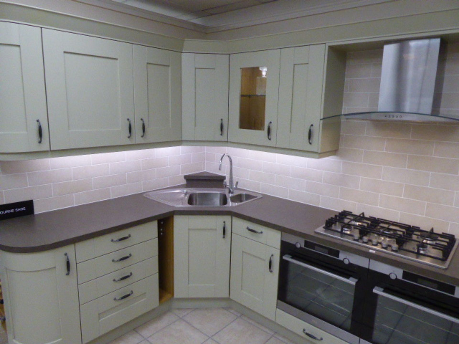 Coleridge and Milbourne sage kitchen with sand stone effect laminate worktops. Max measurement is - Image 4 of 14