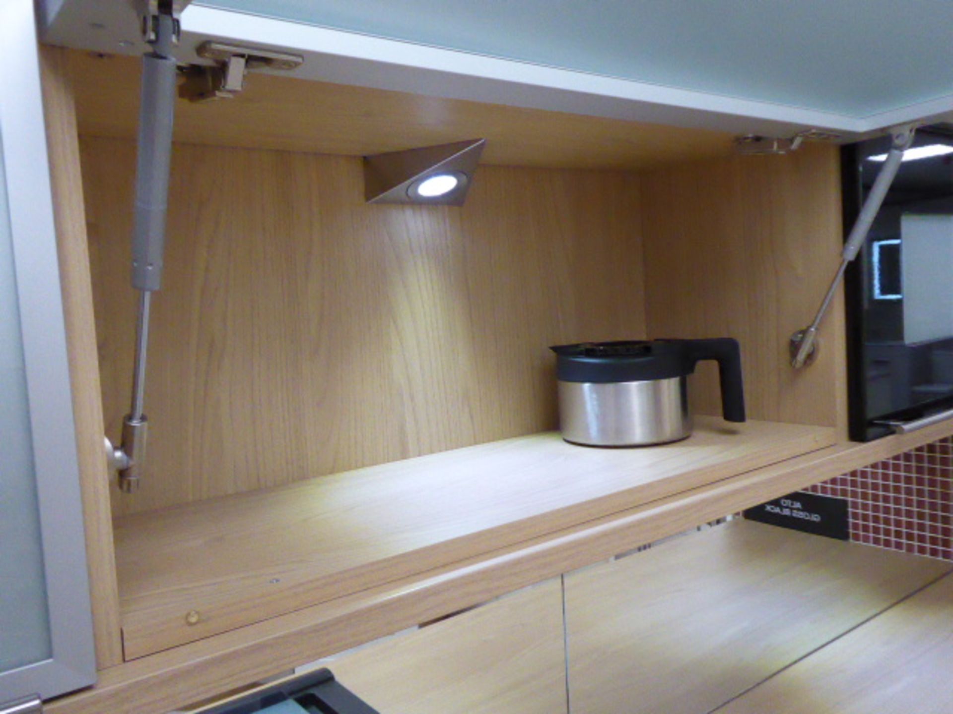 Alto gloss black galley kitchen measuring 370cm long with light oak wood laminate worktops. With a 1 - Image 6 of 12