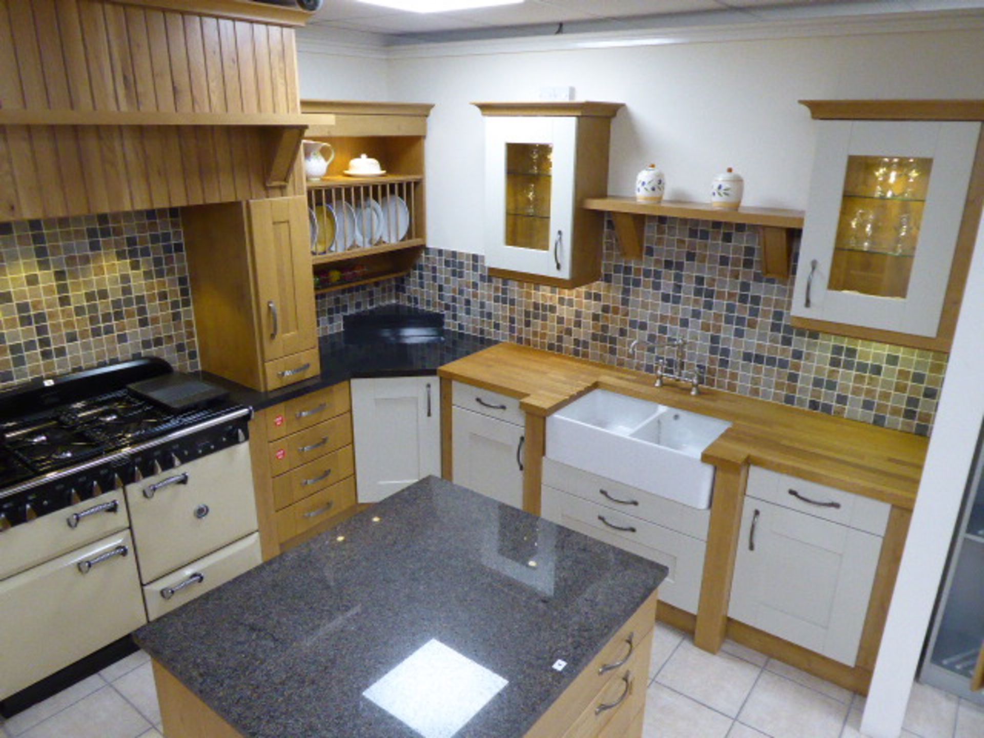 Milbourne almond and Shaker Winchester oak kitchen with stone effect laminate, oak block and granite - Image 2 of 15