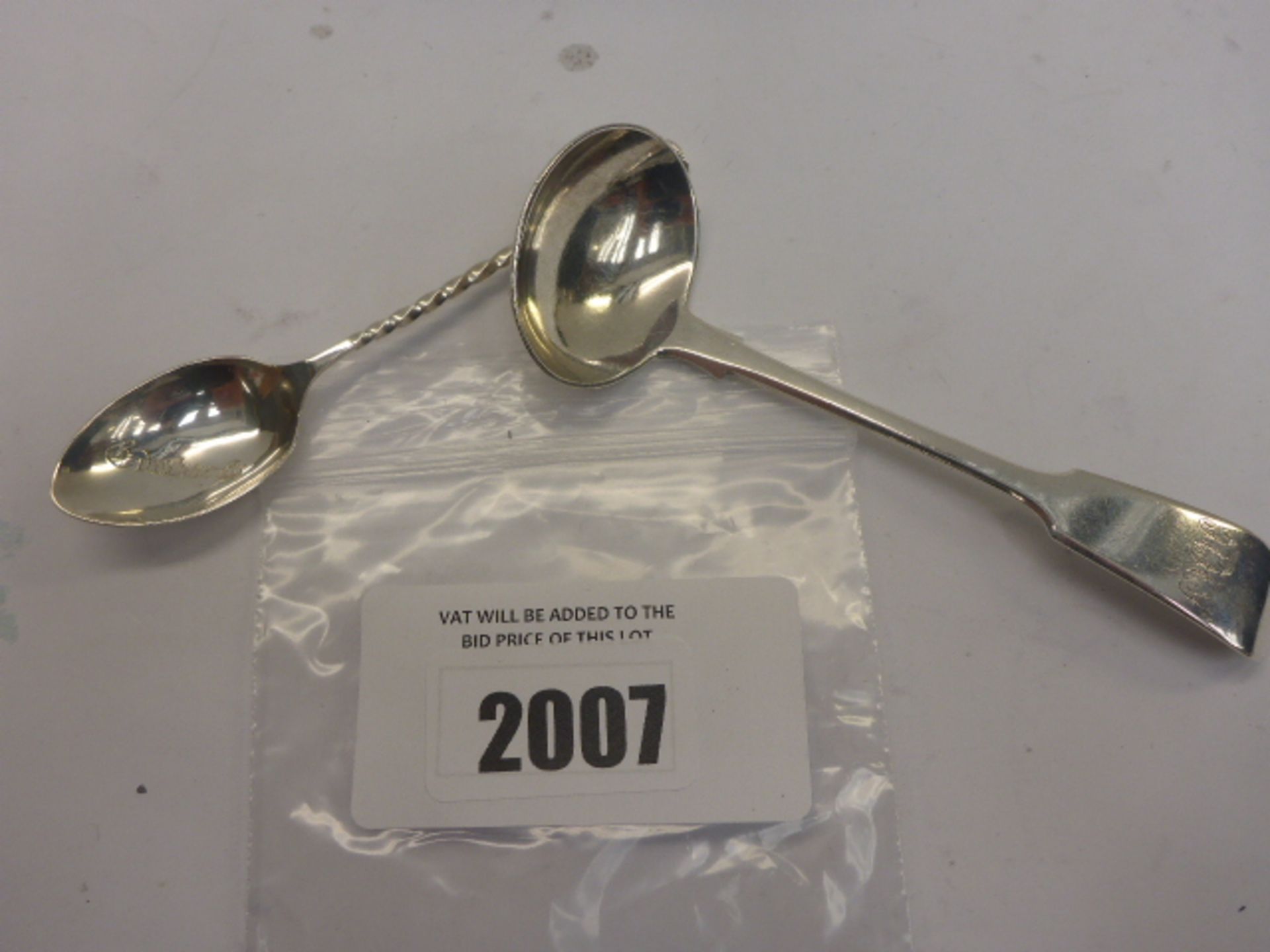 Sterling silver small ladle/mustard spoon and silver teaspoon