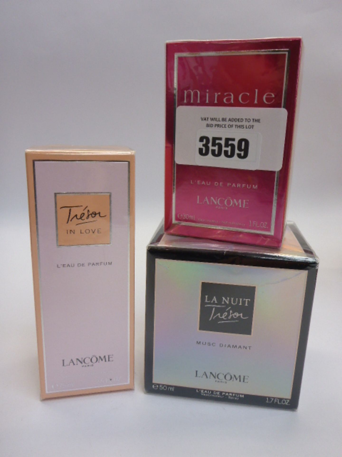 3 x Lancome eau de parfum: Miracle 30ml, Treson In Love 75ml & La Nuit Treson 50ml