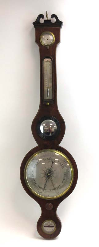 A 19th century banjo barometer with a mahogany and strung case, h.