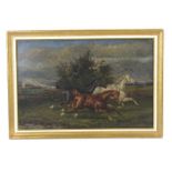 A.. Clark, Three horses startled by a steam train, signed, oil on canvas, 48.