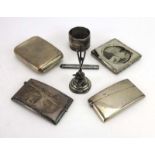 A mixed parcel of silver comprising a cigarette case, two card cases, a napkin ring,