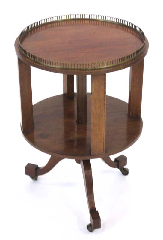 An Edwardian mahogany and strung two-tier drum table on three splayed legs, d. - Image 2 of 2