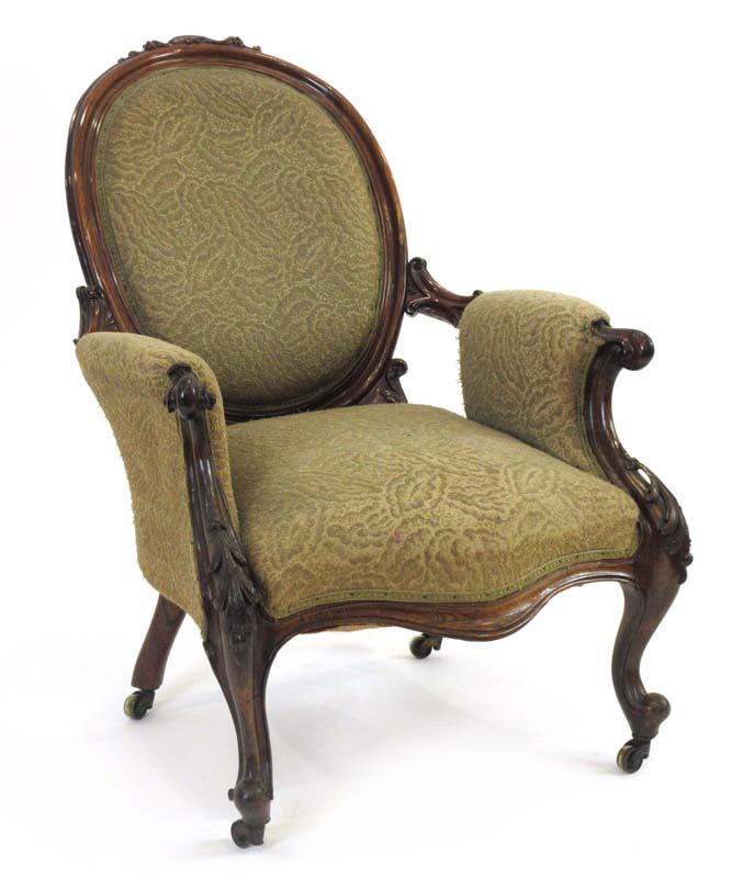 A 19th century rosewood and upholstered armchair with scrolled arms and cabriole front legs with - Image 2 of 2