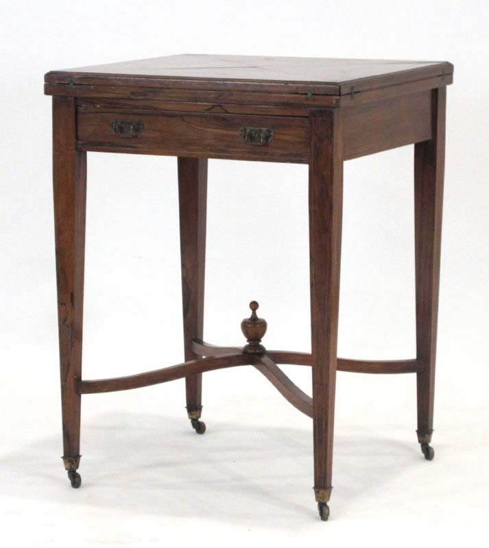 A Sheraton Revival rosewood and marquetry envelope card table on square tapering legs joined by a - Image 2 of 3