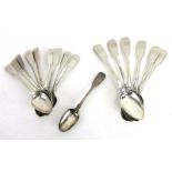 A mixed parcel of Georgian and later silver fiddle pattern dessert and teaspoons,