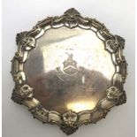 An Edwardian miniature salver with piecrust border on three hoof feet, Alston & Hallam, London 1906,