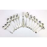 Thirteen mixed silver teaspoons and a fiddle pattern caddy spoon, various dates and makers,