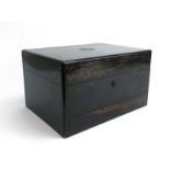 A Victorian coromandel and brass inlaid sewing box with a partially fitted interior and drawer, w.