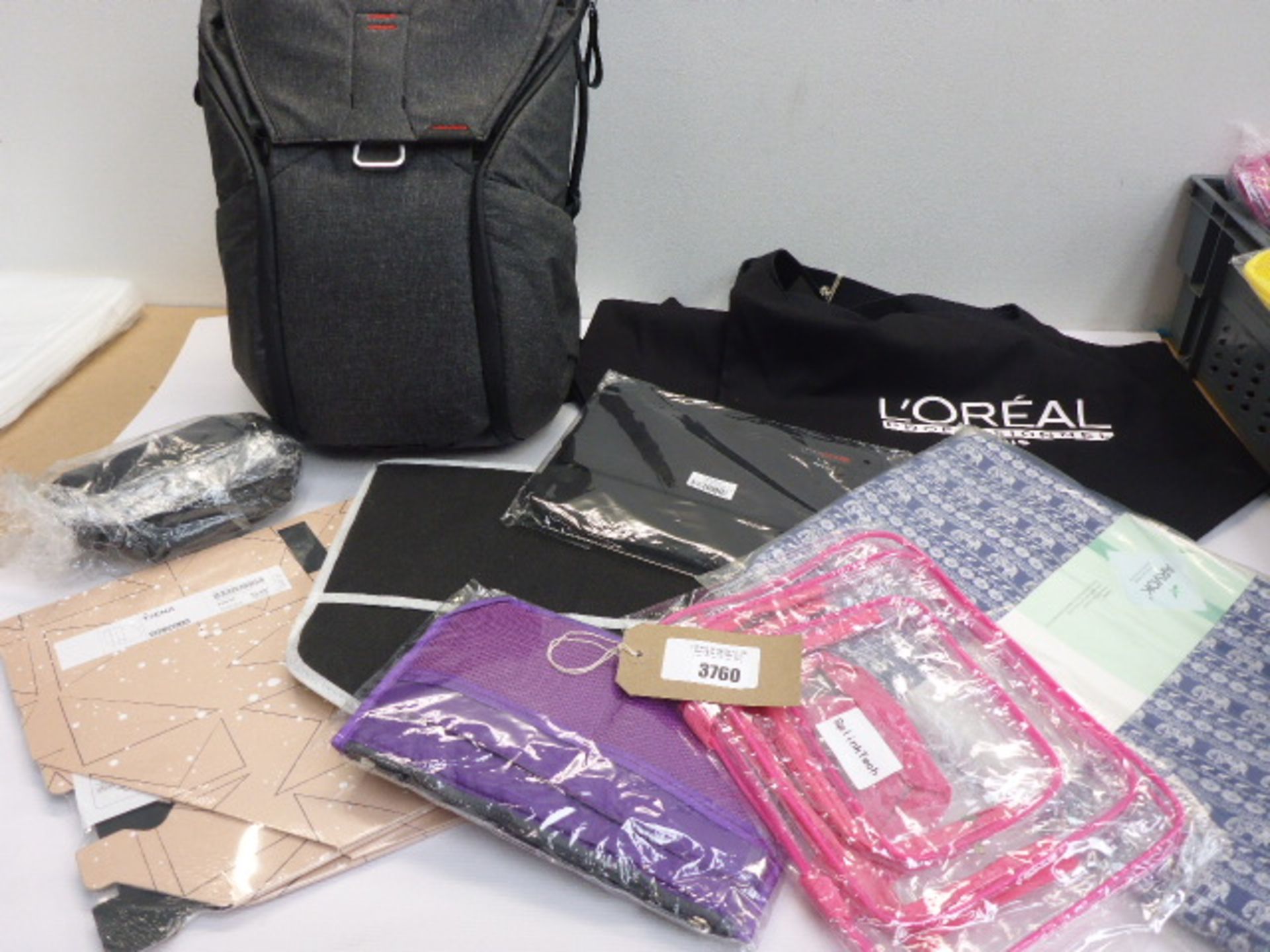 Peak Design 20L rucksack, iPad sleeves, L'Oreal shopping bags etc