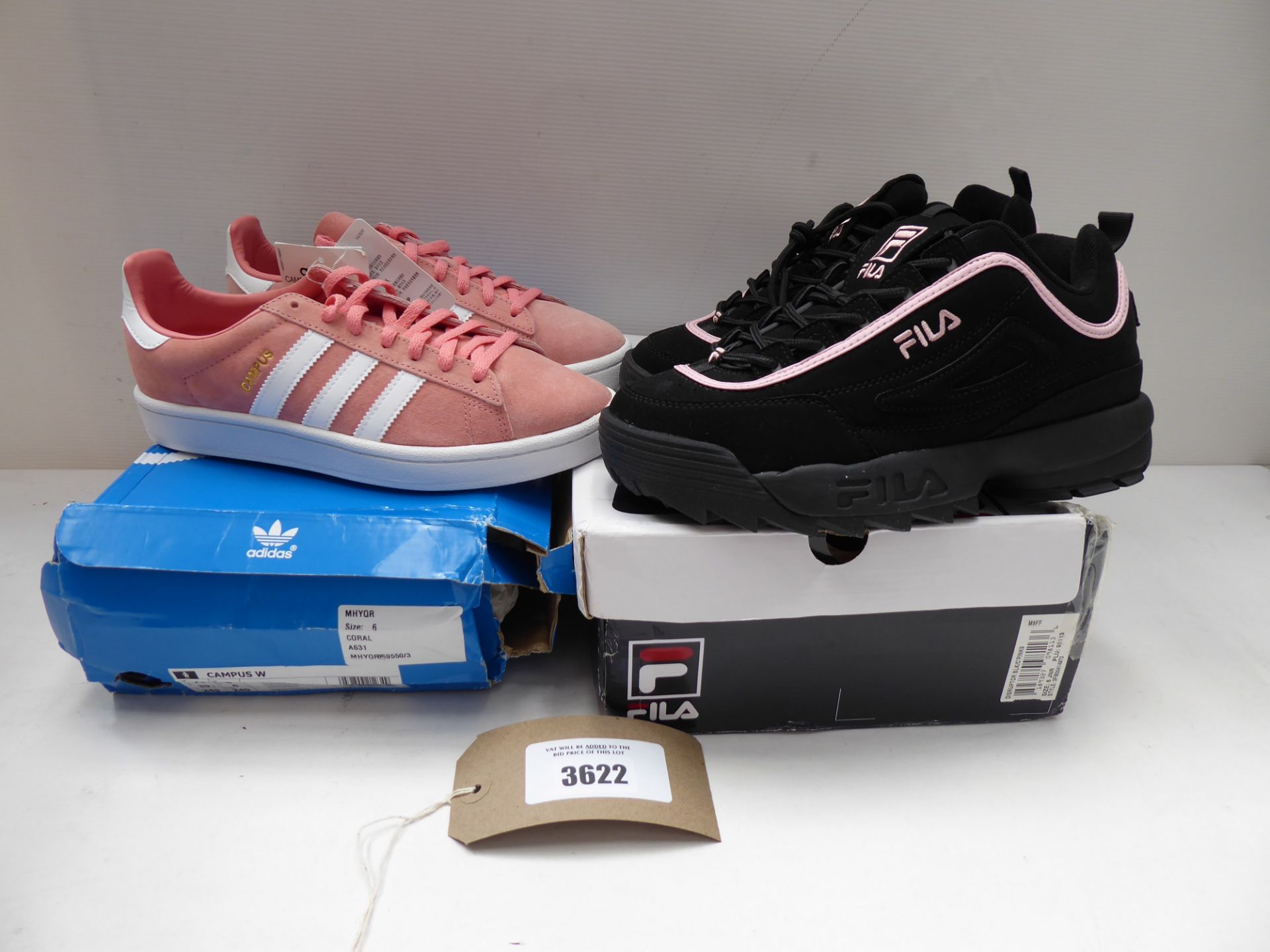 Adidas Campus Pink Shoes Size 6 and Fila Distrupor Black Trainers Size 6